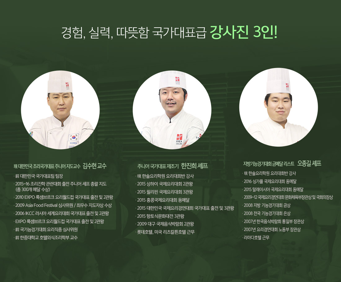 경험, 실력, 따뜻함 국가대표급 강사진 5인!
		                                                     1. 現 대한민국 조리국가대표 주니어 지도교수 김수현 교수
															 2. 주니어 국가대표 제조기 한진희 셰프