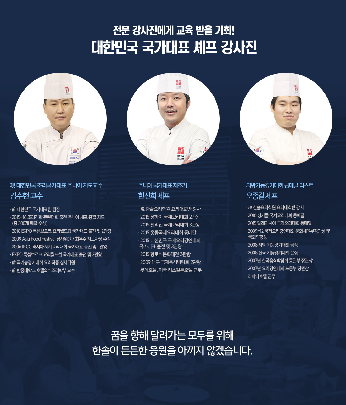 최고 강사진에게 피드백 받을 기회! 한솔요리학원만의 특급 강사진
                                                             1. 現 대한민국 조리국가대표 주니어 지도교수 김수현 교수
															 2. 주니어 국가대표 제조기 한진희 셰프
															 3. 지방기능경기대회 금메달 리스트 오종길 셰프